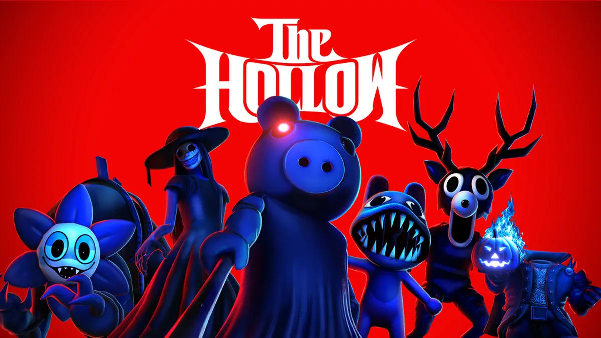 Official The Hollow key art showing Piggy and the event's blue monster group on a red background.