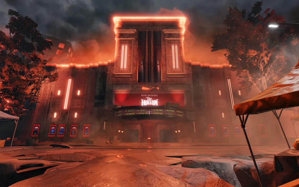 Official The Hollow theater exterior lit in red.