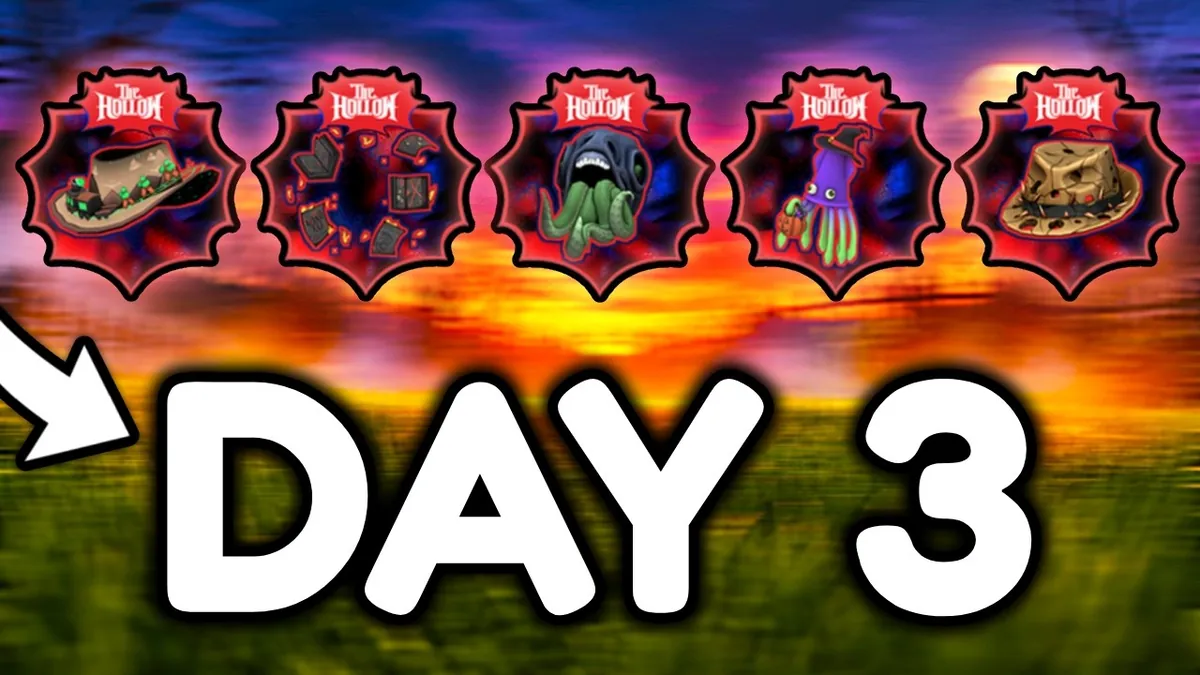 Video thumbnail showing Day 3 The Hollow reward badges above a sunset field.